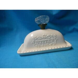 PIER 1 Imports White Ceramic Covered Butter Dish Clear Handle Dolomite